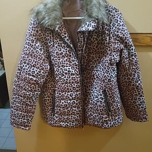 Leopard Print Faux Fur Collar Jacket